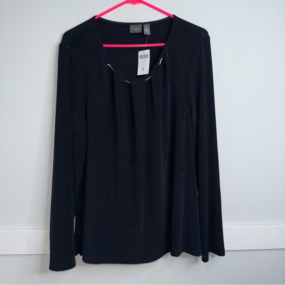 Chico's Black Long-Sleeve Scoop Neck Pleated Front Blouse with Gold Chain Accent